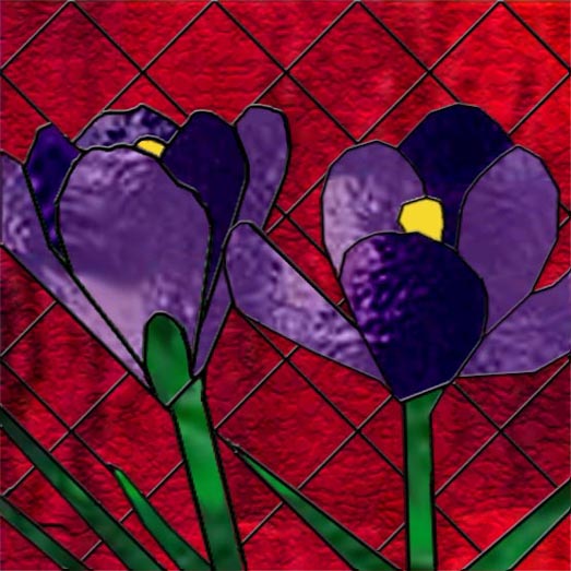 My stained glass project. Two blue-purple crocuses on a red background.